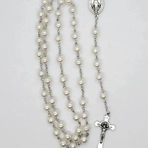The Pearl White Beaded 20 Inch Rosary with Silver Crucifix